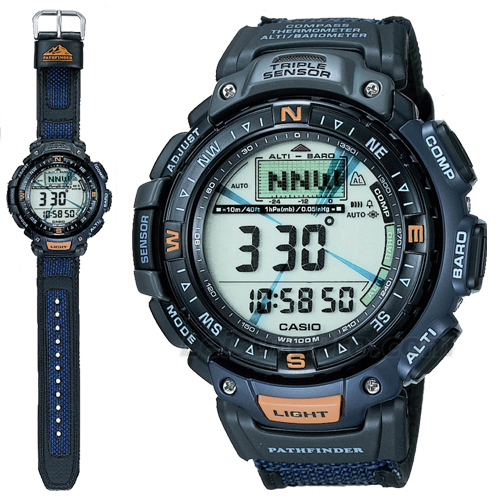 Casio PAG40B-2V Blue Pathfinder Triple Sensor Watch with a nylon band.