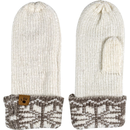 Bearpaw Chenille Knit Mittens with Fair Isle Pattern Ivory