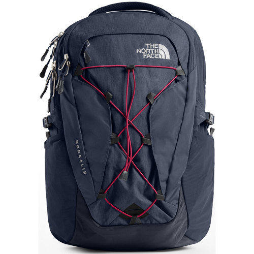 navy blue and pink north face backpack