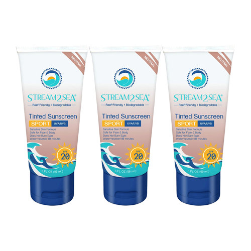 Stream2Sea Eco Tinted Sunscreen SPF 20 for Face and Body Sport, 3 fl. oz (90 ml) 3-Pack