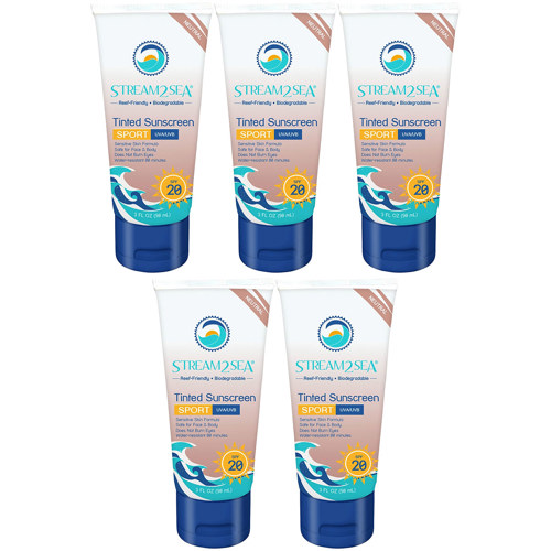 Stream2Sea Eco Tinted Sunscreen SPF 20 for Face and Body Sport, 3 fl. oz (90 ml) 5-Pack