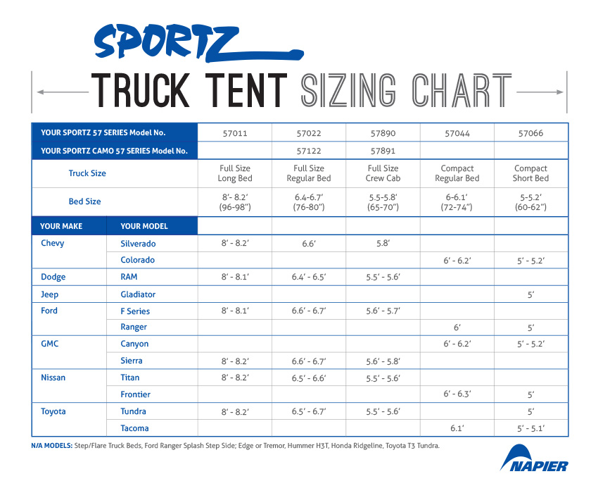 Napier Sportz Truck Tent Sizing Chart